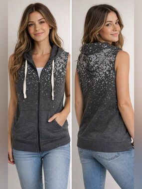 R8 Activewear Sleeveless Hoodie Vest Large Black Gray Splatter Zip Up Pockets